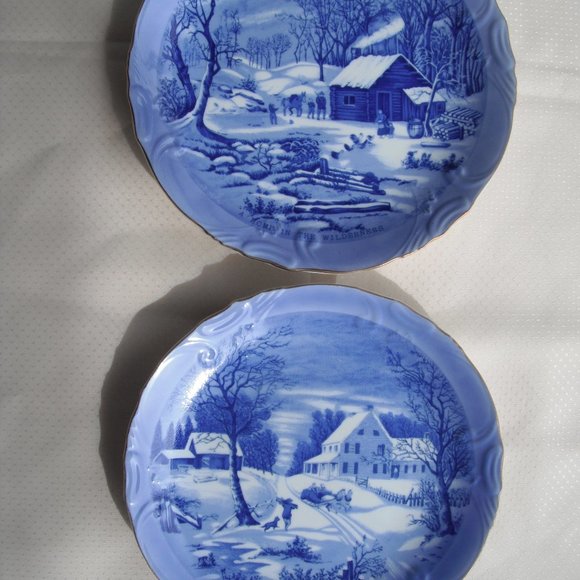 Vintage 2 Plates Currier & Ives Winter Scenes Blue-White Home Wall Decor Japan - Picture 2 of 11